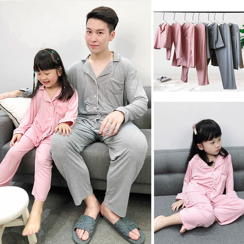 Parent-child sleepwear family of three sets of four-mouth spring and autumn long sleeve air conditioning suit two sets mother and daughter high-end home suit suit