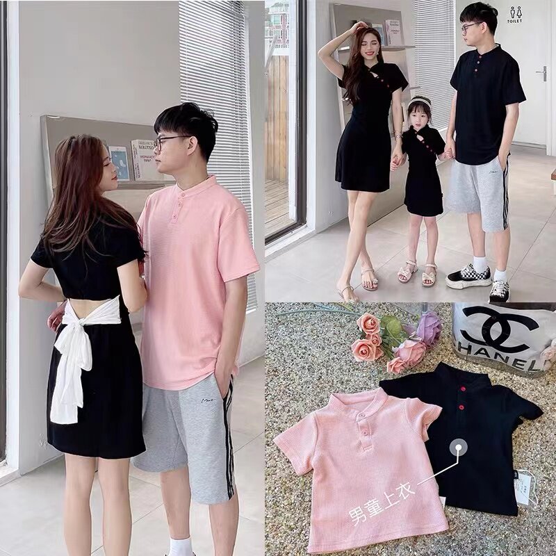 Girls' parent-child clothing new trendy family of three foreign mother-daughter clothing summer improved version of cheongsam polo shirt dress