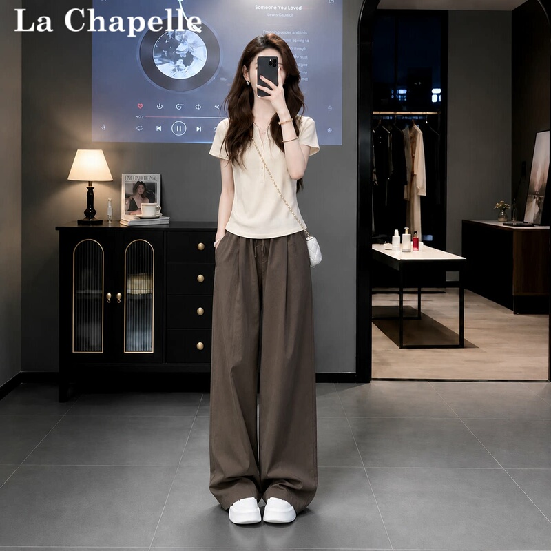 La Chapelle Casual Sports Suit for Women, Summer 2026 New Fashion Korean Style Loose Apricot Short-Sleeved Wide-Leg Pants