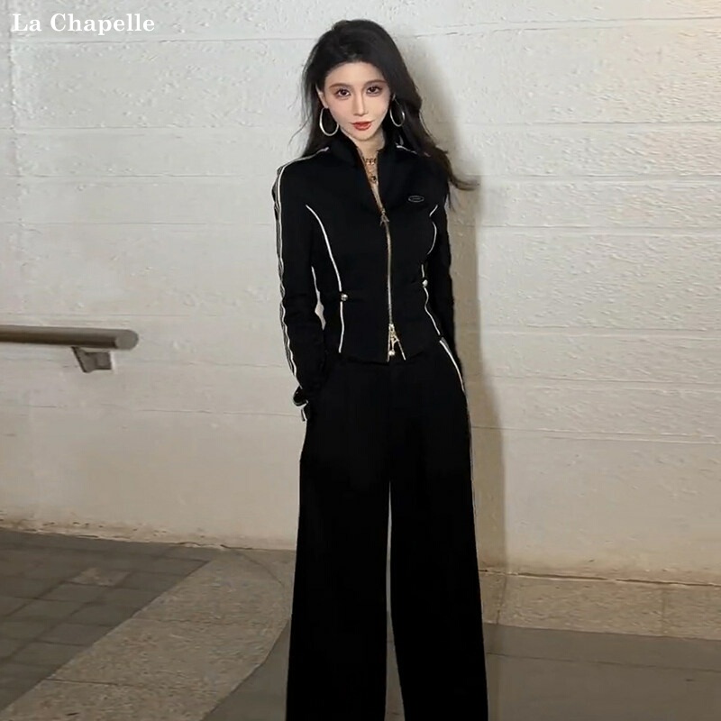 La Chapelle's Popular Casual Sports Suit for Women, New Spring and Autumn High-End European Style, Beautiful Black Slimming Two-Piece Set La Chapelle's Popular Casual Sports Suit for Women, New Spring and Autumn High-End European Style, Beautiful Black Slimming Two-Piece Set