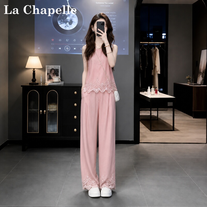 La Chapelle Style Youthful Casual Sports Suit for Women, Summer 2026 New Lace Trim Pink Two-Piece Set