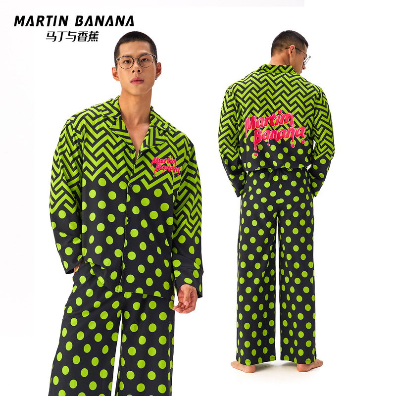 Martin and Banana Men's Long-Sleeved Pajamas, Loungewear, Loose Wide-Leg Set, Original Polka Dot Color-Blocked Lapel Print