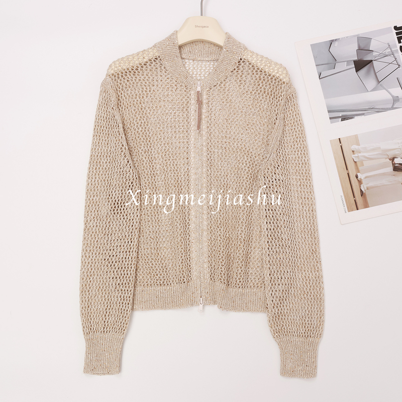 B//C Italian-Style Relaxation! Old Money with a High-End Feel! Sequined Gold Thread Hollow-Out Linen Knit Cardigan for Women