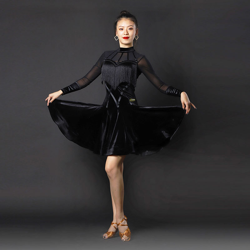 Women's latin dance dresses Latin dance tassel competition dress Navy dance long sleeve show dress square dance velvet skirt