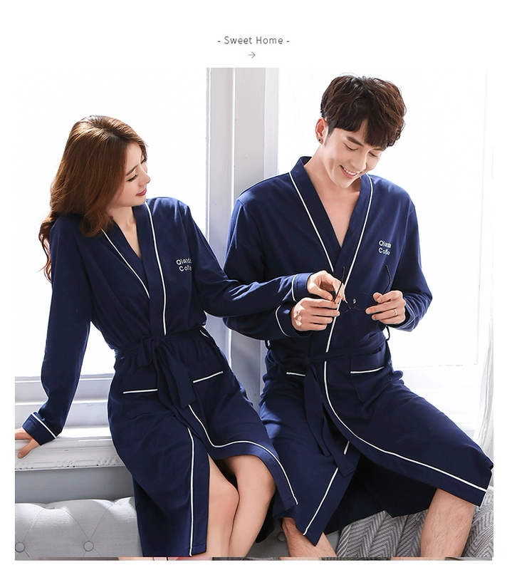 Váy ngủ đôi mùa xuân và mùa thu áo choàng dài của phụ nữ cotton dài tay nam đồ ngủ áo cưới mùa hè yukata áo khoác ngủ