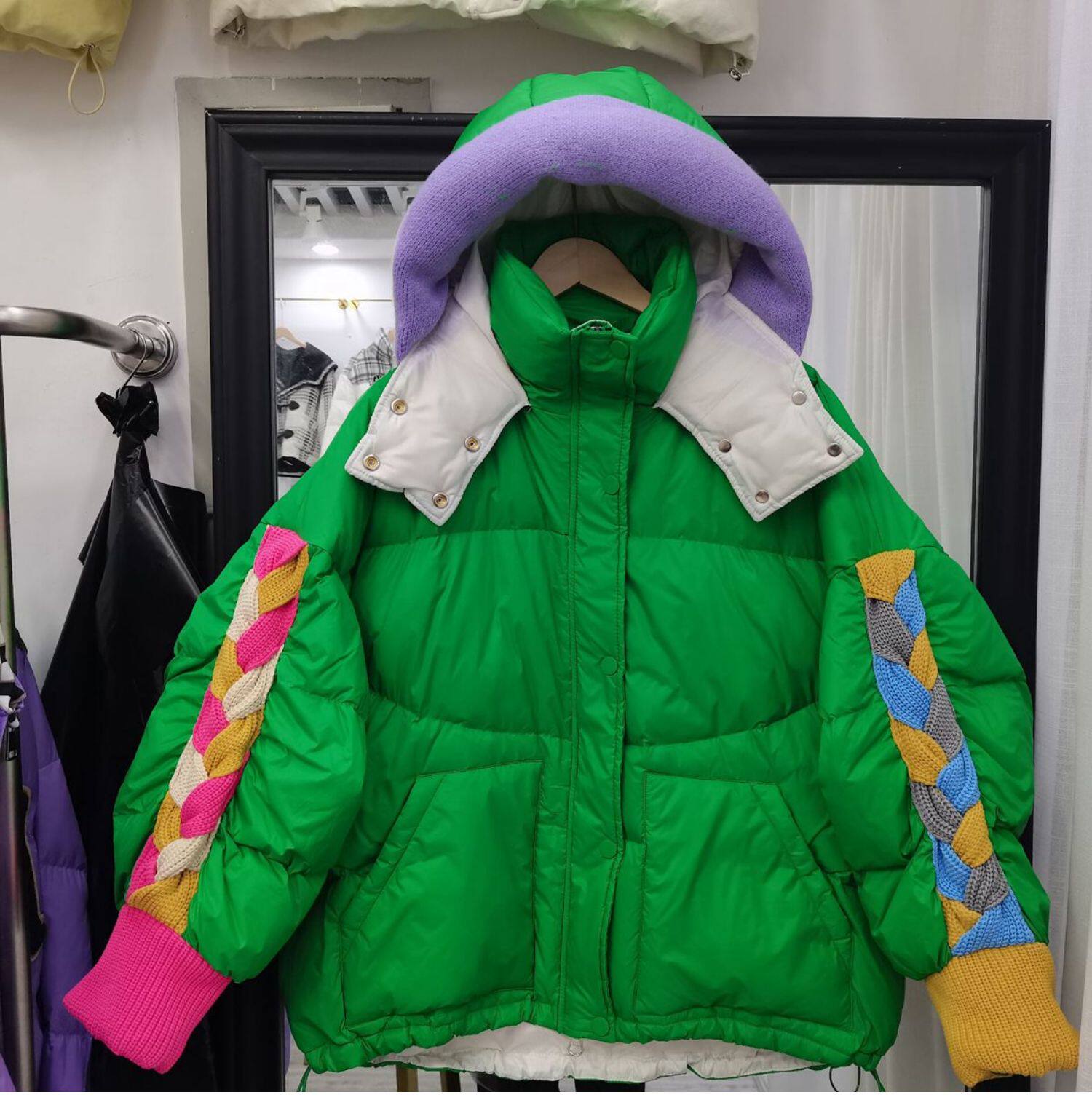 2022羽绒服女短款针织连帽拼接袖韩版糖果色反季清仓设计感外套潮详情12