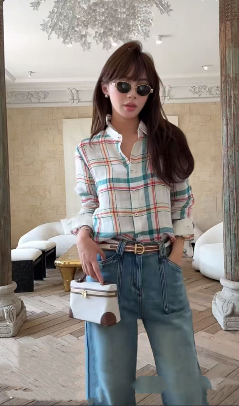 Nanyou High-Quality European Style Classic British Retro Plaid Linen Shirt Casual Versatile Design Top for Women