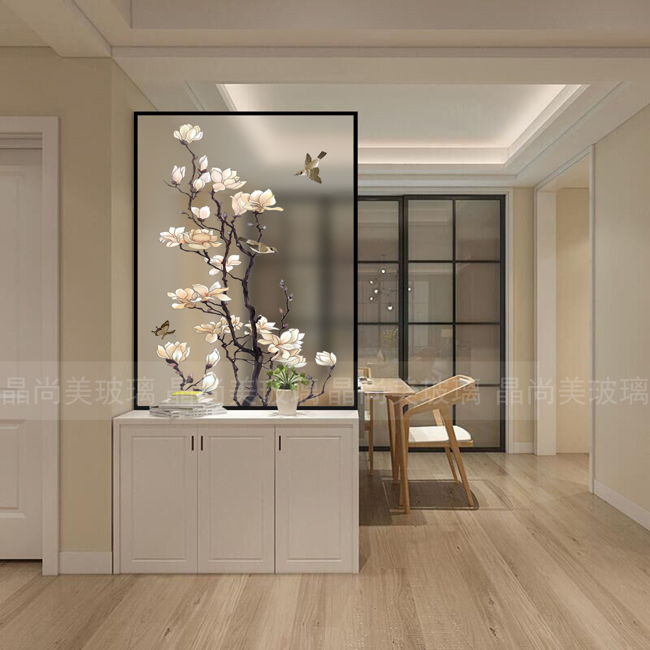 Art glass custom tempered light-transmitting double-sided carved frosted simple light luxury partition screen new Chinese-style home