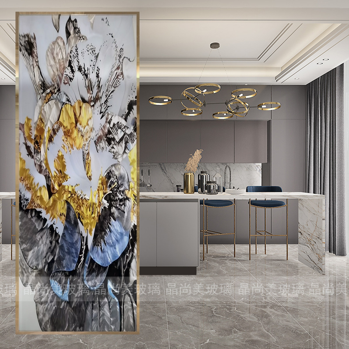 Living room pinching enamel art glass partition screen cream abstract luxury double side light transmitted steel into the home