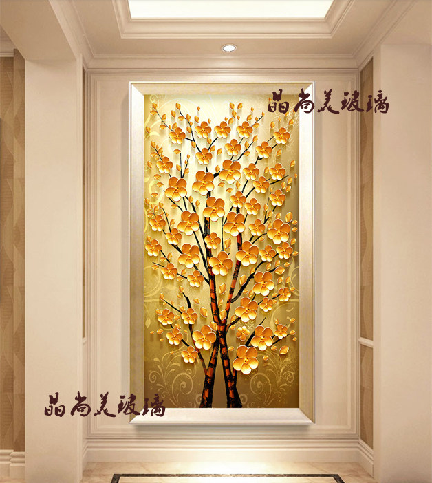 Shanghai Art Glass Xuanguan Partition Screen Modern Simple Aisle Background 3D Deep Engraving Happiness Trees