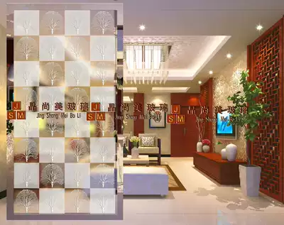 Shanghai art glass double-sided three-dimensional partition porch modern deep carving screen simple fortune tree