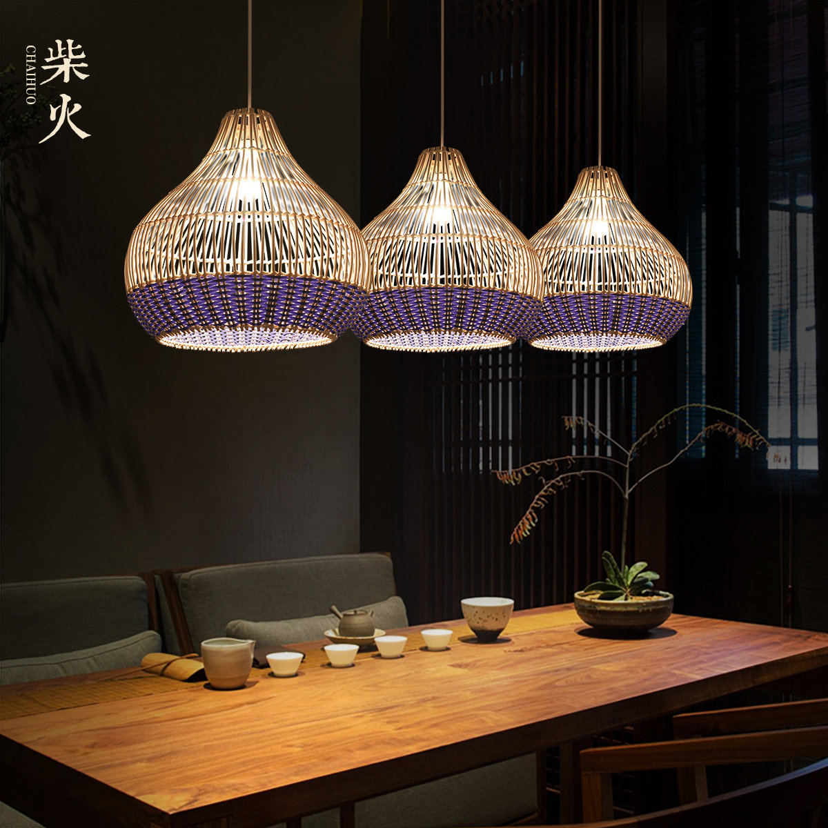 Day-style minimalist creative personality room Dining Room Hotel Zen tea room Balcony by hand woven natural rattan chandelier