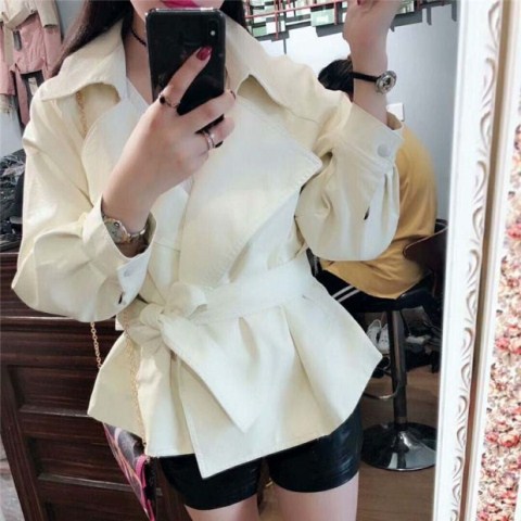 Uta đen slim chic áo khoác ngắn mùa thu và mùa đông mới thắt lưng BF dài tay áo mỏng PU áo khoác da nữ blazer da