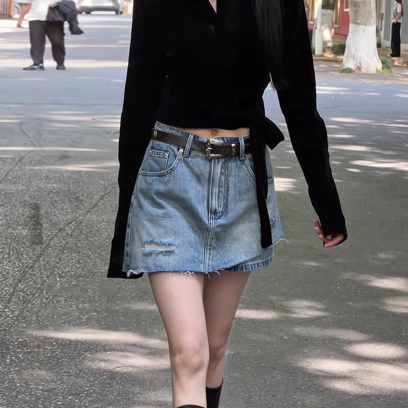 Fake Two-Piece Ripped Denim Skirt Pants for Women, 2026 Summer New Style, Pear-Shaped Body, High-Waisted, Slimming, Loose, Frayed Shorts Fake Two-Piece Ripped Denim Skirt Pants for Women, 2026 Summer New Style, Pear-Shaped Body, High-Waisted, Slimming, Loose, Frayed Shorts