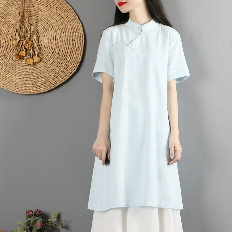 Phong cách Trung Quốc cổ điển văn học cotton và vải lanh ăn mặc mùa hè của phụ nữ ngắn tay phong cách dân tộc hàng đầu Trung Quốc nút đĩa dịch vụ trà sườn xám - Sản phẩm HOT