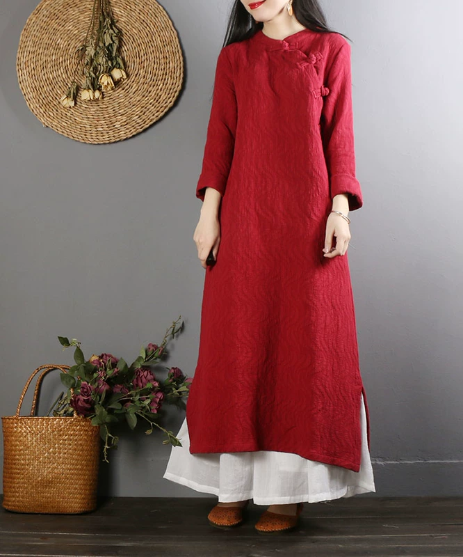 Trung Quốc retro khóa cotton và vải lanh nữ dài tay lỏng lẻo Trung Quốc phong cách sườn xám váy dài Zen trà dịch vụ áo xuân đầm maxi