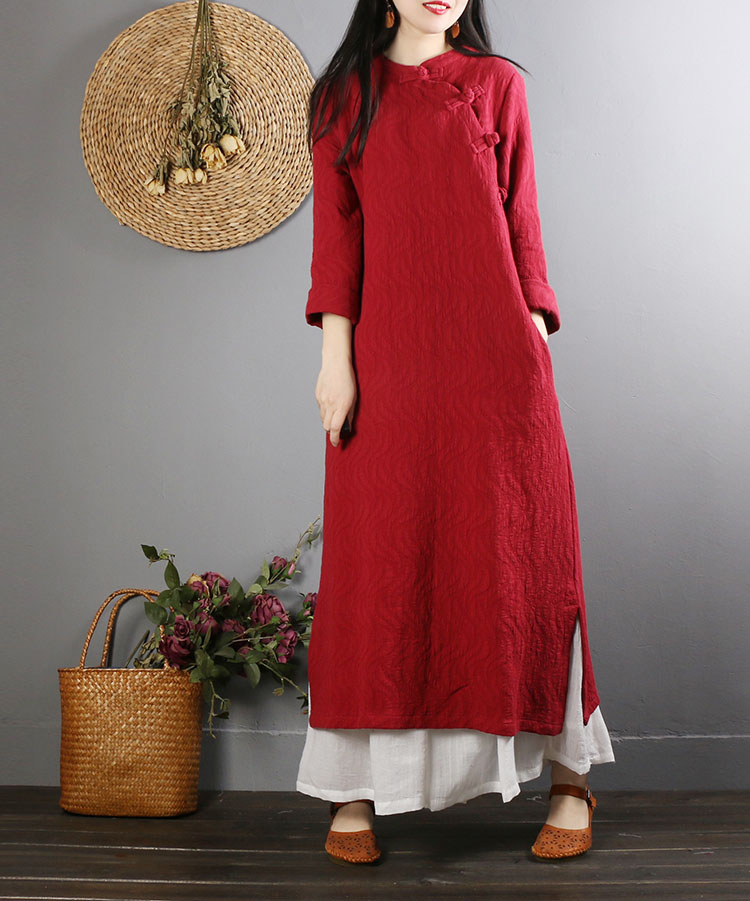 Trung Quốc retro khóa cotton và vải lanh nữ dài tay lỏng lẻo Trung Quốc phong cách sườn xám váy dài Zen trà dịch vụ áo xuân mẫu váy dài