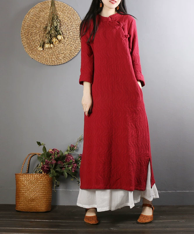 Trung Quốc retro khóa cotton và vải lanh nữ dài tay lỏng lẻo Trung Quốc phong cách sườn xám váy dài Zen trà dịch vụ áo xuân đầm maxi