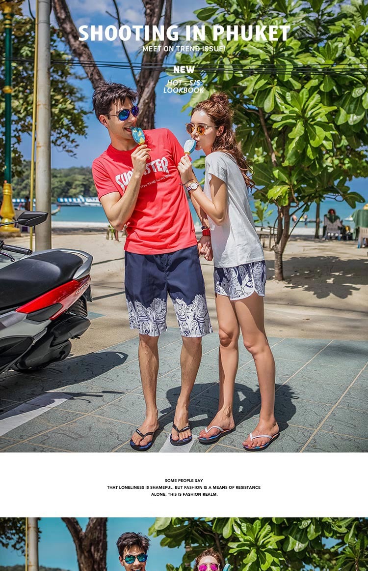 Cặp vợ chồng đi biển bên bờ biển quần nam mùa hè in hình quần bơi nhanh khô quần short phụ nữ năm điểm quần lớn 	mua quần đi biển	