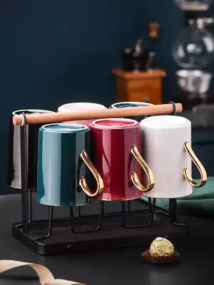 High facial value household light luxury water cup set Nordic ins ceramic drinking cup Glass tea cup 6 packs with cup holder