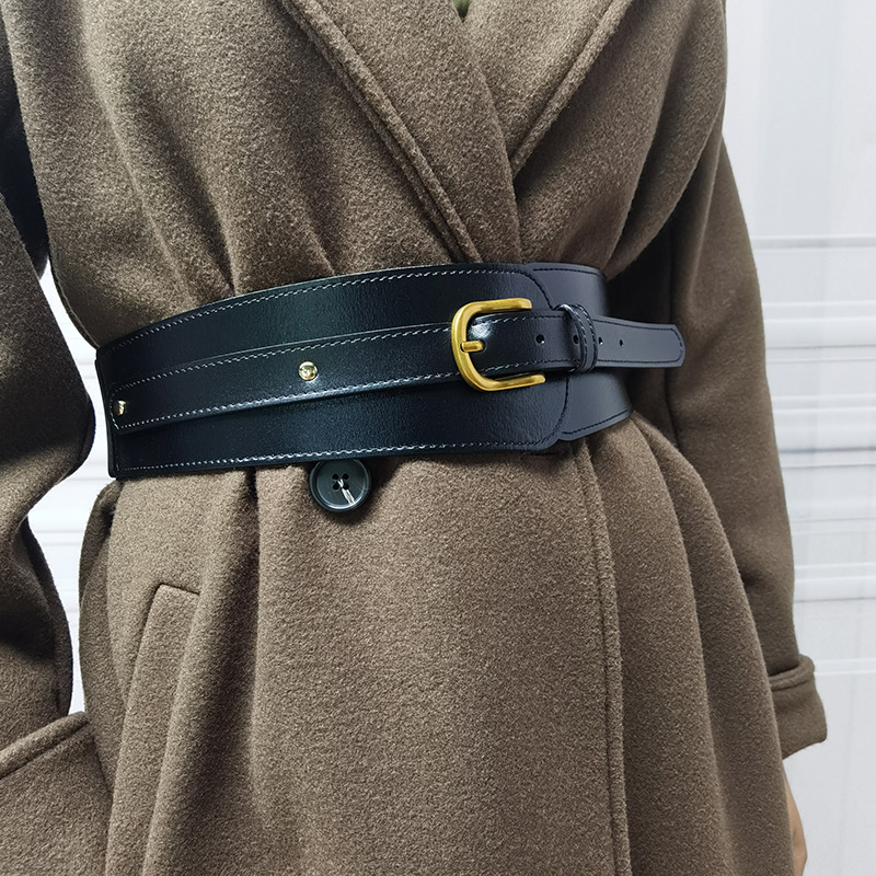 Genuine leather wide belt woman decorative leather strap with foreign dress waist seal brief about 100 lap retro fashion elastic tightness tightening waist