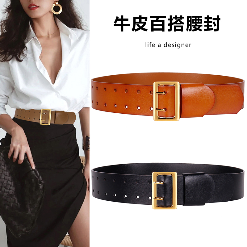 Cow Leather Belt woman decoration large coat waist seal fit skirt Waist Square Button design subsection 100 lap sweaters genuine leather wide leather strap