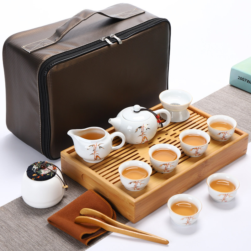 Travel tea set car tea tray portable outdoor travel bag simple household ceramic kung fu tea cup teapot