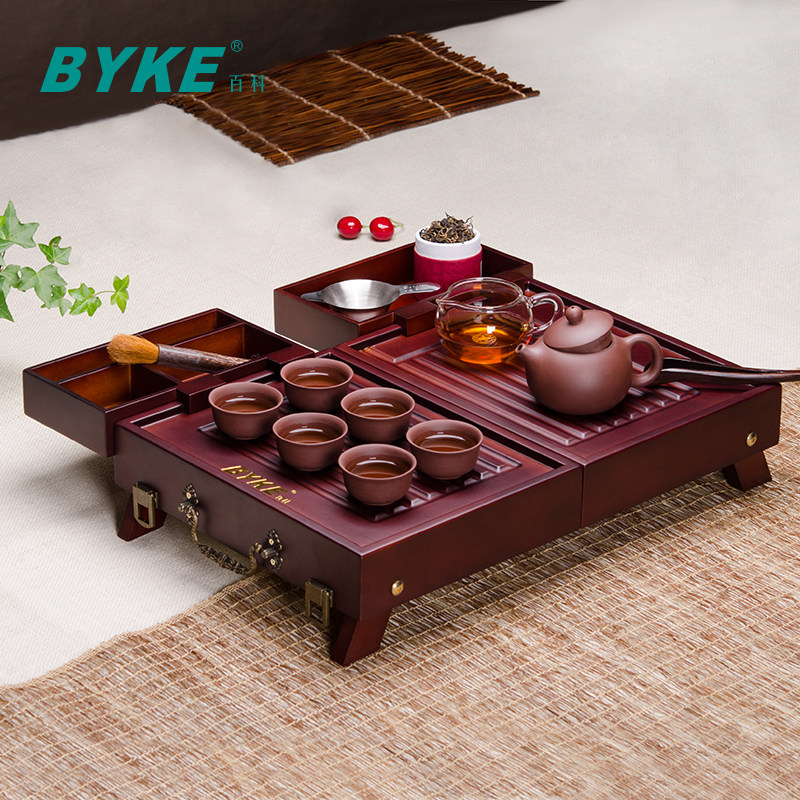 Encyclopedia purple sand travel tea set portable outdoor tourist package in the field car folded solid wood drainage tea plate