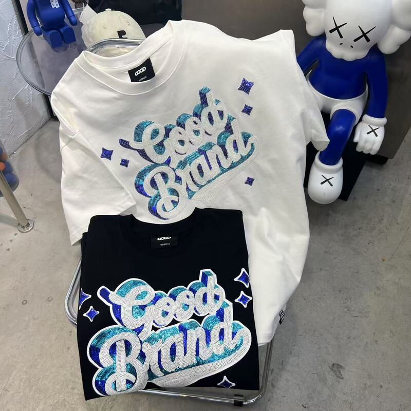 Goodbrand Short-Sleeved T-Shirt with Three-Dimensional Star Sequins and Lettering, Heavyweight Trendy Brand, Loose Casual Half-Sleeve, Unisex