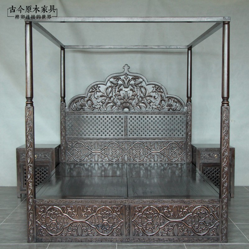 Southeast Asian style solid wood shelving bed ancient today log furniture BD266-6 solid wood four-column drape shelf bed