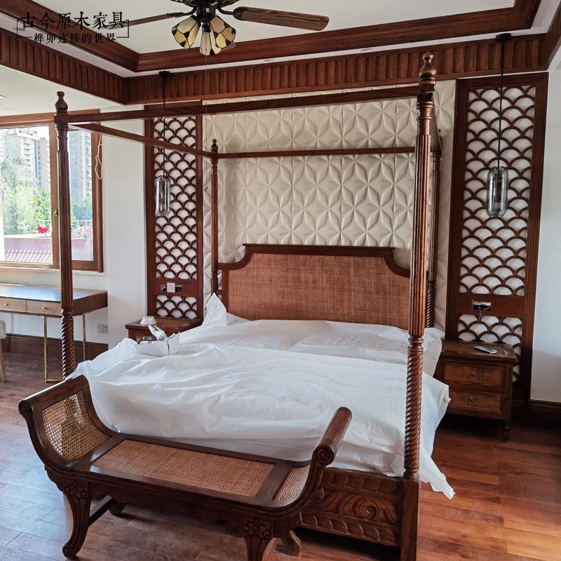 Southeast Asian style furniture solid wood four-poster bed drapery bed ancient and modern log BD226 new Chinese elm frame bed