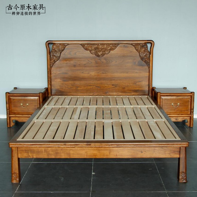 New Chinese style solid wood double bed, ancient and modern log furniture, BD305 Chinese style old elm carved 1 meter 5 double bed