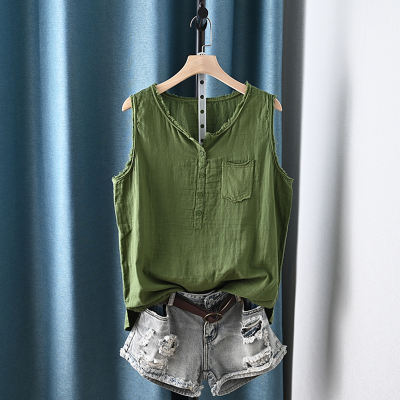Summer's new round-neck double-layer cotton sleeveless casual vest, with an I-shaped top worn inside and outside as a casual halter top for women