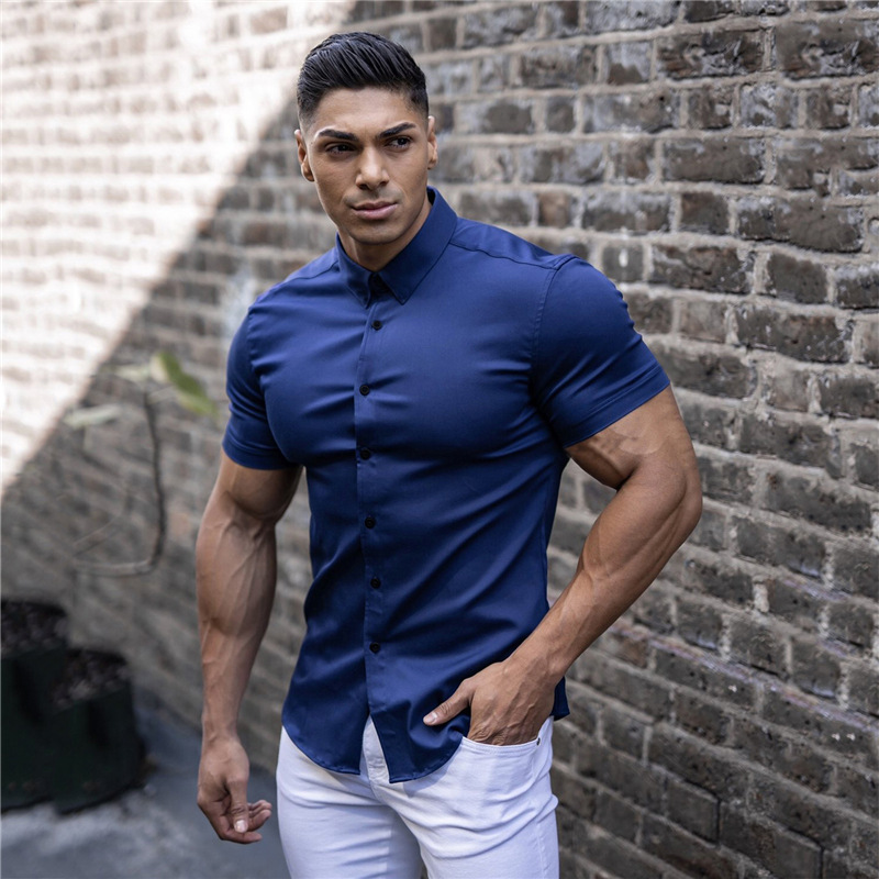 Muscular Men's Fitness Short-Sleeved Collared Shirt, Stretchy Thin Solid Color Sports Casual Cardigan, Business Wrinkle-Free Shirt, Trendy