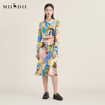 (Day Silk Series) Riddle Shirt Dress Shirt Dress 2022 Autumn New Pint Chocolate Printed Long Sleeve 223ML1179