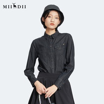 Riddle Bottom 2022 Fall New Denim Shirt Woman Wash Water Long Sleeve Fashion Blouse 228MC6210
