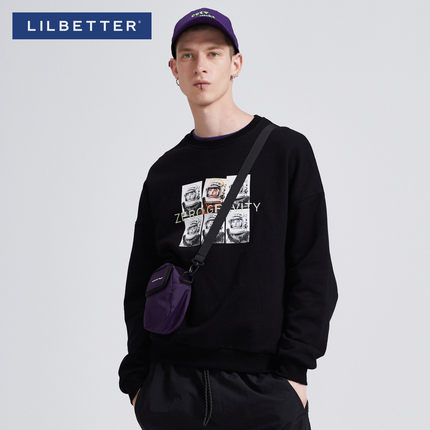 Lilbetter套头卫衣男 潮流印花圆领上衣春秋款黑色男士打底卫衣LB
