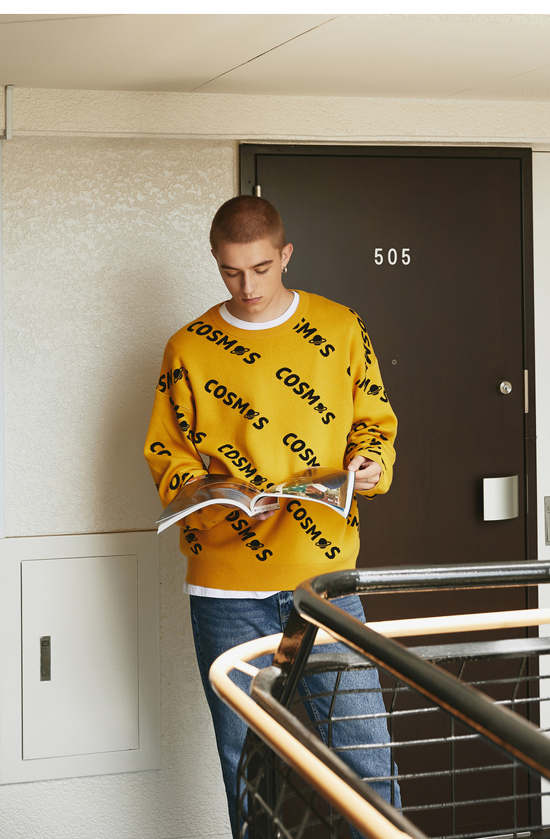 Lilbetter Sweater Men Tide Thương hiệu Áo len lỏng lẻo Mùa thu cao cổ Cặp đôi Áo len nam cổ tròn áo len thổ cẩm