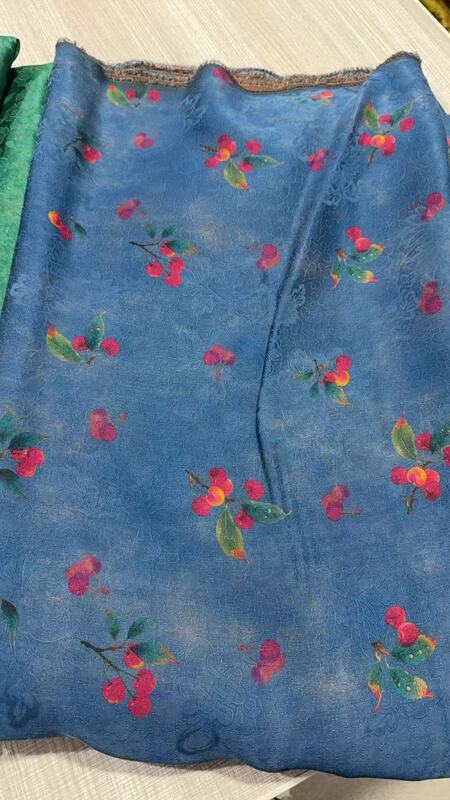 100% Mulberry Silk Floral Silk Fabric Red Cloud Silk Fabric Blue Background Cherry