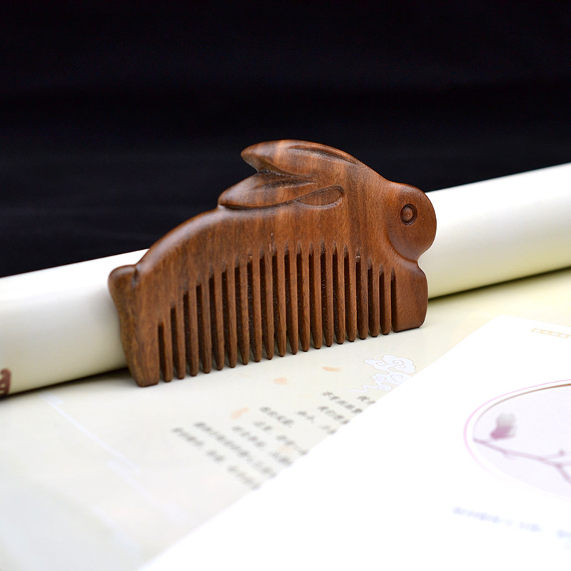 Wood Comb Green Sandalwood Engraving Double-sided Jade Rabbit Styling Comb Vintage Ancient Wind Mini Comb matching box