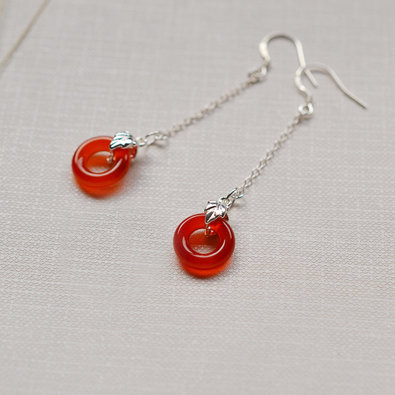 Original hand-made natural red agate small circle 925 sterling silver tassel long version earrings earrings with gift box