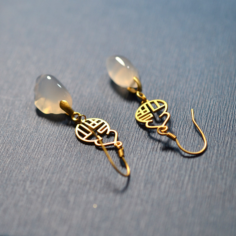 925 Silver - plated gold - plated piece cucumber inlaid stereo white jade - marrow dumplings pattern shape ancient wind silver earring box