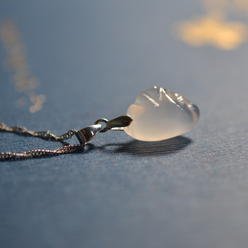 925 Silver Stereo Cute Dumplings Pattern Molded with White Jade Marrow Retro Necklace Silver Chain