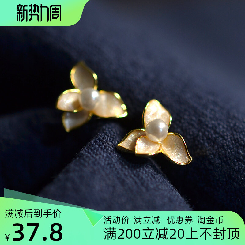 925 Silver silver drop oil light pink flower petal pattern ancient style silver ear nail ear decoration box