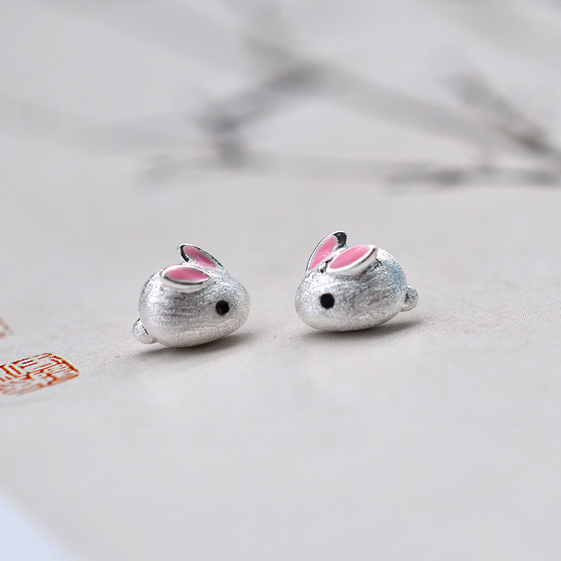925 Sterling Silver Playful and Cute (Brushed Mini Little Fat Rabbit) Chinese Style Silver Stud Earrings with Box