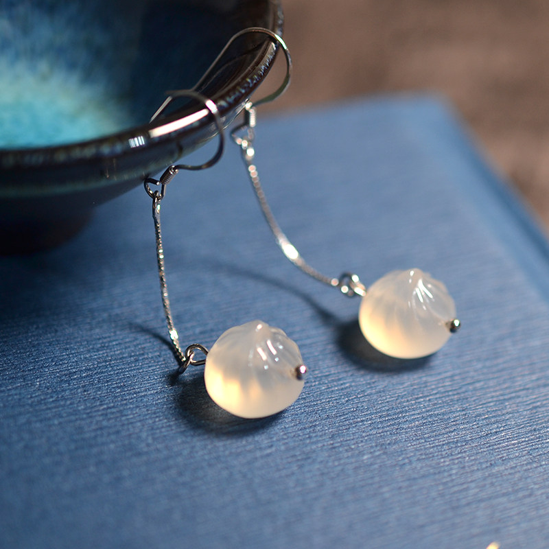 925 Silver Long Flow Su embedded stereo white jade marrow bag pattern styling old style of classical silver earrings with box