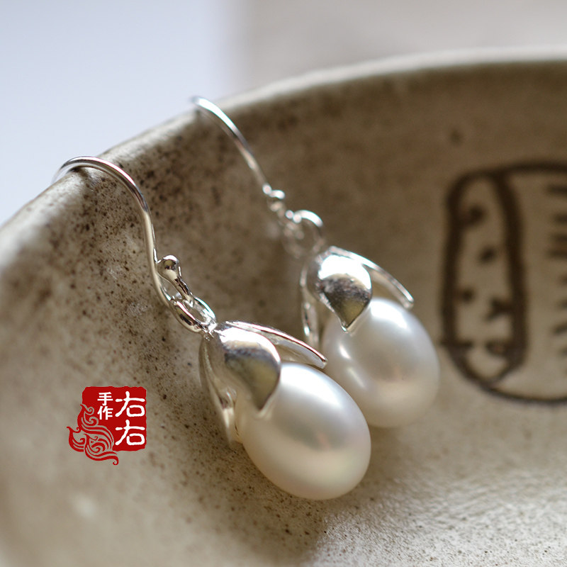 925 sterling silver earrings Jiangnan classical literature and art three-dimensional flower bud shape with natural pearl earrings and gift box