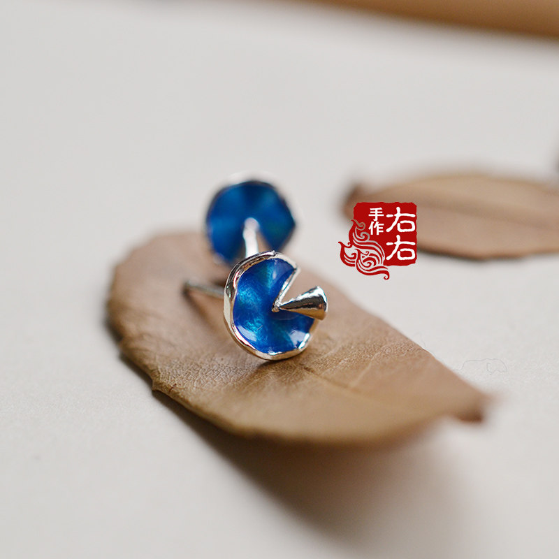 925 sterling silver lotus leaf shape burning blue classical ancient style Chinese style silver ear nail earrings with gift box