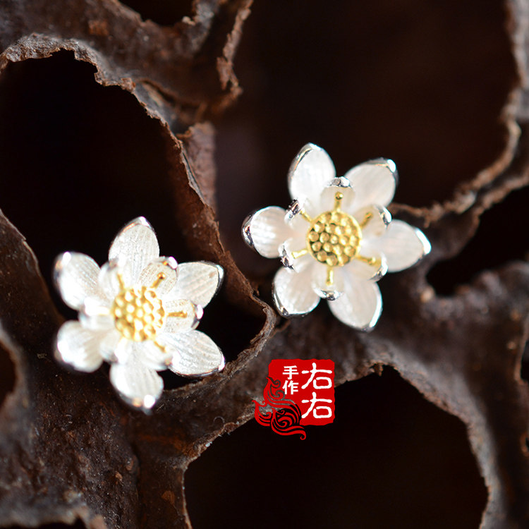 925 pure silver solid lotus classical ancient wind China wind silver ear nail earring accessories box