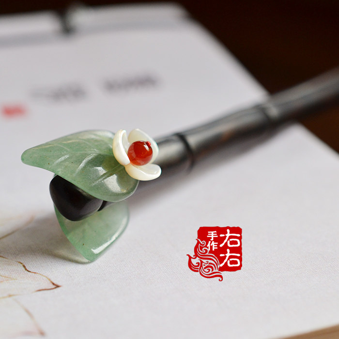 Original ebony hairpin plate hair Vintage classic hair ornaments headdress hairpin Green leaves shell flowers double-sided bamboo hairpin